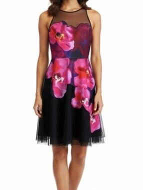 Badgley Mischka Pink and Black Floral Midi Dress New With Tags Size 2